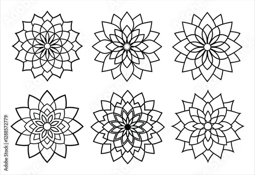 A set of six mandala vector line art designs. Simple collection. Isolated bundle on white background.
