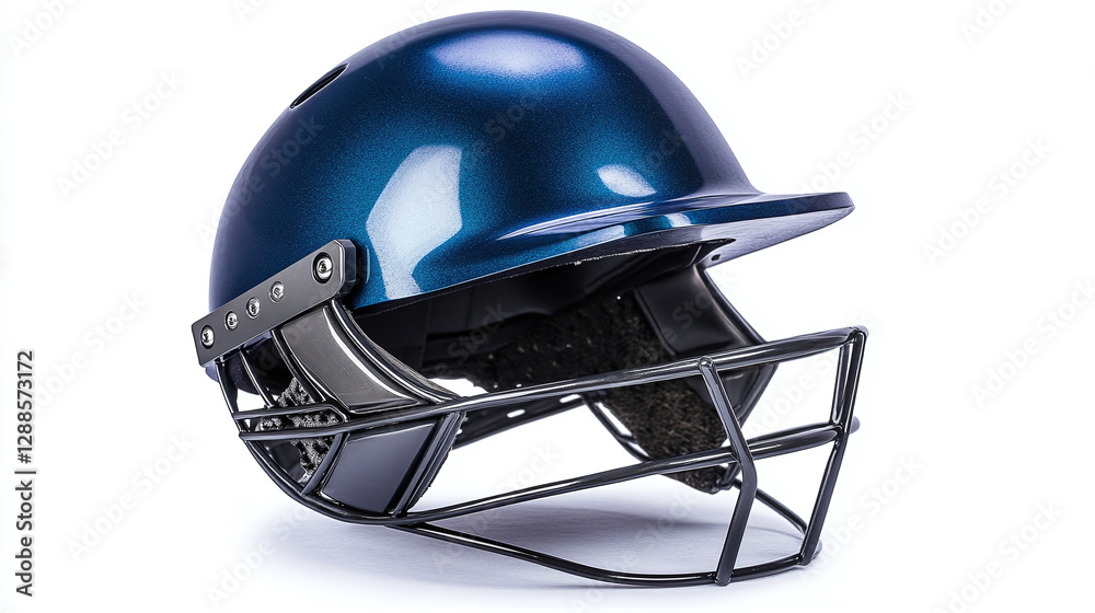 Fototapeta premium Shiny Blue Cricket Helmet Isolated. Protection meets style in this sleek headgear for the pitch. Essential gear for batting confidence and safety.