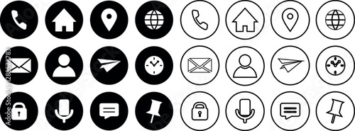Icons, web icon set, business icon for company connection. mobile, place, location, mail, website, message, home,  pin, phone, set of different contact symbol design template. Vector 10 eps. 