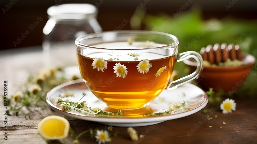 A Soothing Still-Life of Chamomile Lemon Tea on a Handcrafted Wooden Table: Emphasizing Calmness in Herbal Tea Culture A Soothing Still-Life of Chamomile Lemon Tea on a Handcrafted Wooden Table: Emphasizing Calmness in Herbal Tea Culture