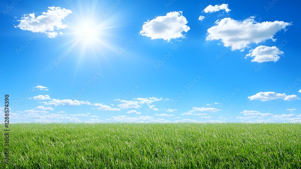 Bright Sunny Day Over Lush Green Field Under Blue Sky Bright Sunny Day Over Lush Green Field Under Blue Sky