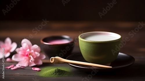 An Inviting Still-Life of Green Matcha Tea with Sakura Blossoms and Bamboo Whisk on a Rustic Table