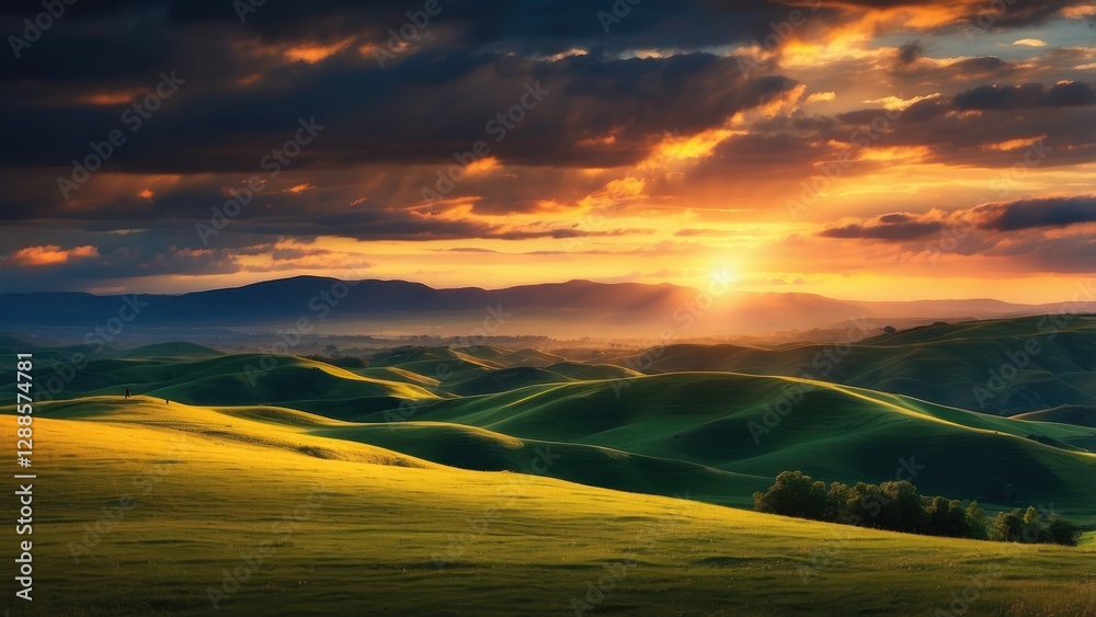 A vibrant, digitally-created landscape of gently rolling hills is illuminated by countless small orange lights A vibrant, digitally-created landscape of gently rolling hills is illuminated by countless small orange lights