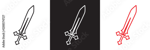 Sword icon.  Medieval sword, dagger, cross guard.  Isolated on white and black background. Vector illustration. EPS 10