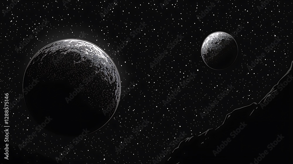 Naklejka premium Two planets and stars in deep space. Cosmic view with rock background. Use Science, astronomy, background