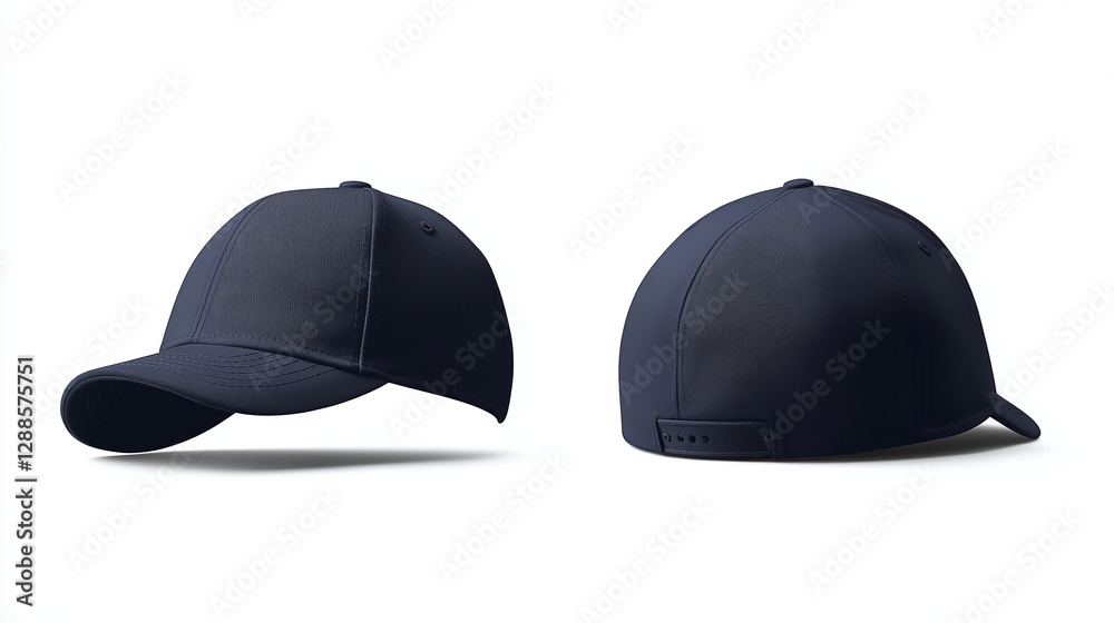 Fototapeta premium Two dark blue baseball caps are displayed on a white background, showing the front and back of the cap, suitable for sporty or casual wear.