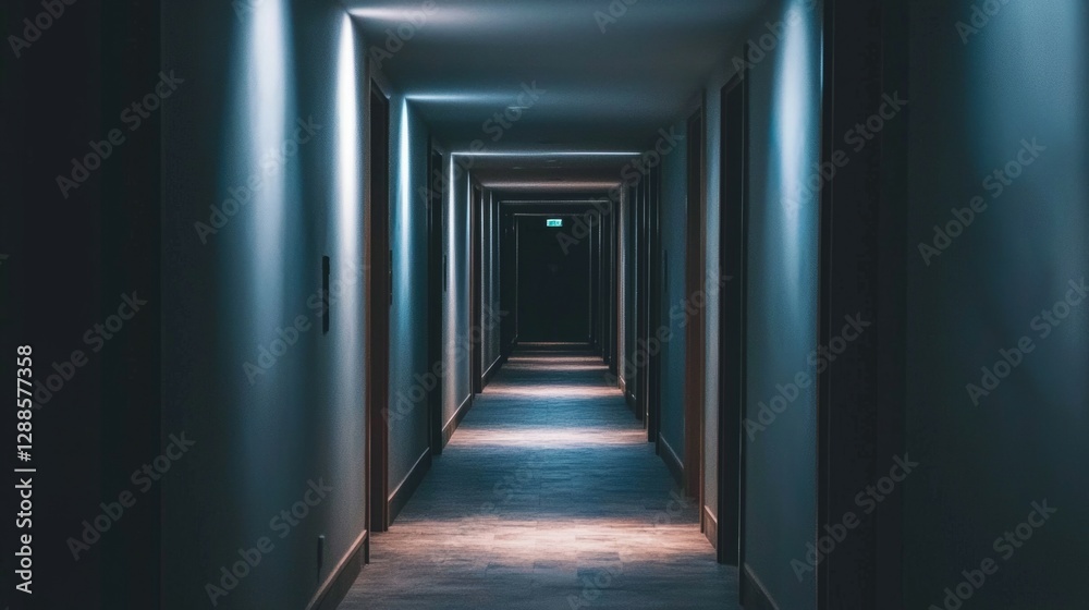 Dimly Lit Hotel Corridor with Shadows and Soft Ambient Lighting Dimly Lit Hotel Corridor with Shadows and Soft Ambient Lighting