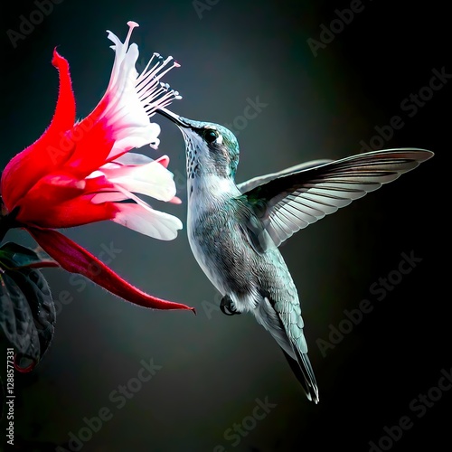 A hummingbird hovers near a vibrant flower. 