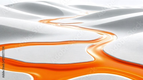 Abstract surreal landscape with flowing orange liquid on white dunes