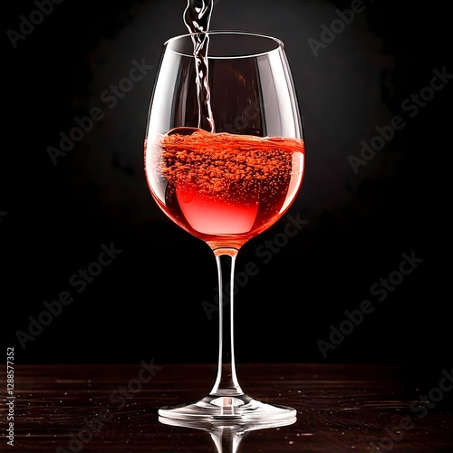 A glass of wine stands against a dark background. 
