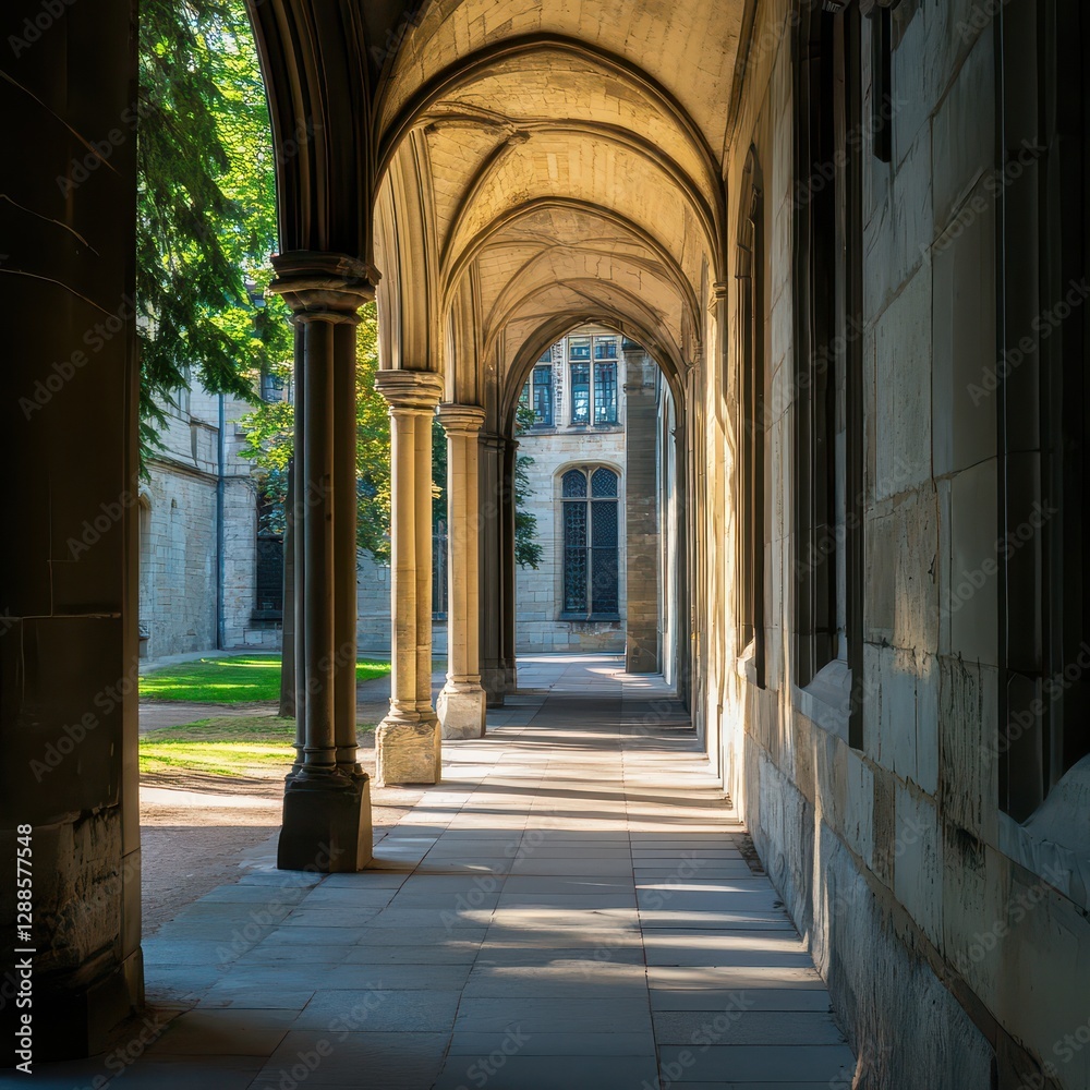 Obraz premium Sunlight shines through courtyard arches
