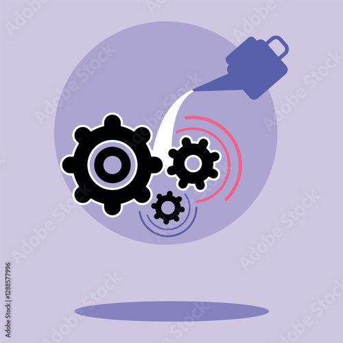 Watering can pouring lubricant onto interconnected gears. Concept of oiling machines for running smoothly and efficiently to prevent wear and tear