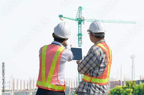 Construction engineers discuss building construction plans against the background of construction cranes.