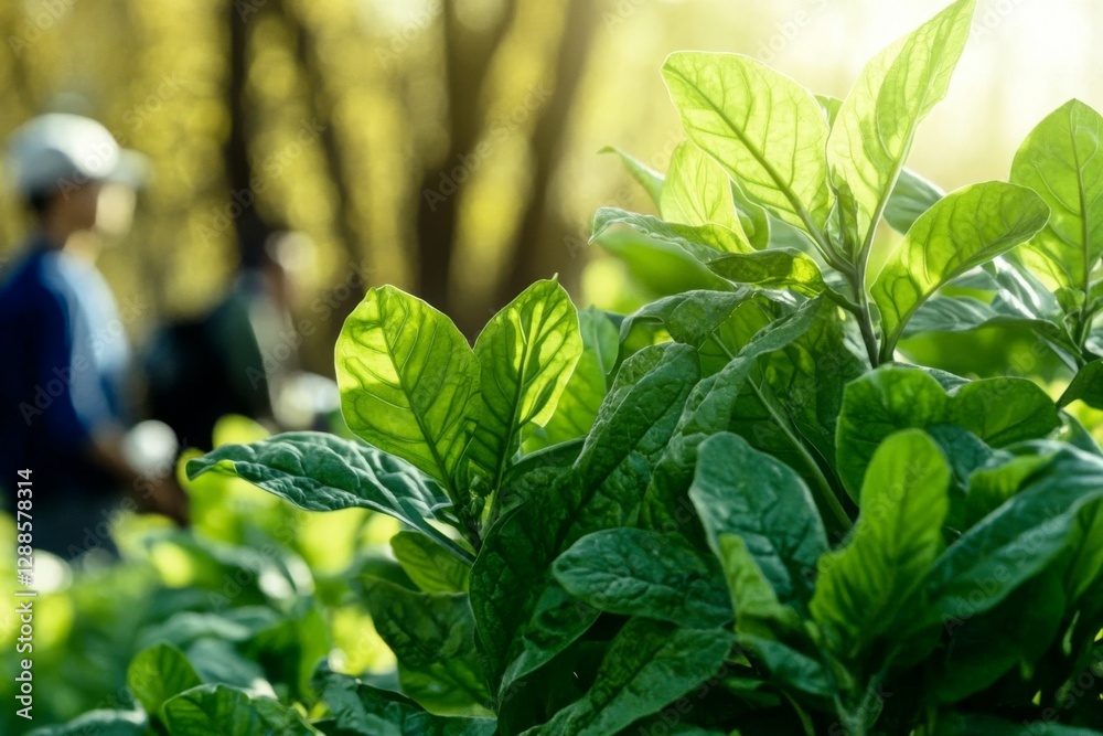 Obraz premium Sunlight shines through vibrant green leaves in a garden while two individuals engage in outdoor activities amid the greenery on a beautiful day. Generative AI