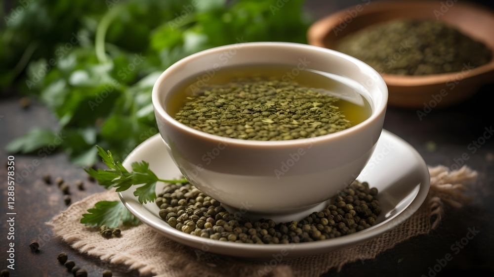A Tranquil Arrangement of Ayurvedic Tea with Complementary Coriander Seeds in a Soft Textile Setting A Tranquil Arrangement of Ayurvedic Tea with Complementary Coriander Seeds in a Soft Textile Setting