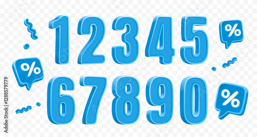 Blue numbers, volumetric symbols, set of numbers for sale. Vector illustration 