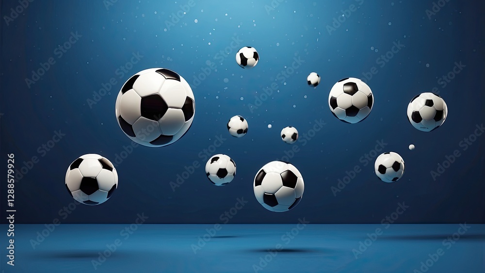 A collection of soccer balls appears to be floating against a solid light blue background. A collection of soccer balls appears to be floating against a solid light blue background.