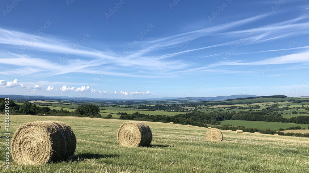 Rolling Hay Bales Under Azure Sky: A picturesque rural landscape showcasing three circular hay bales resting in a sprawling field, set against a vast backdrop of rolling hills and a vibrant azure sky. Rolling Hay Bales Under Azure Sky: A picturesque rural landscape showcasing three circular hay bales resting in a sprawling field, set against a vast backdrop of rolling hills and a vibrant azure sky.