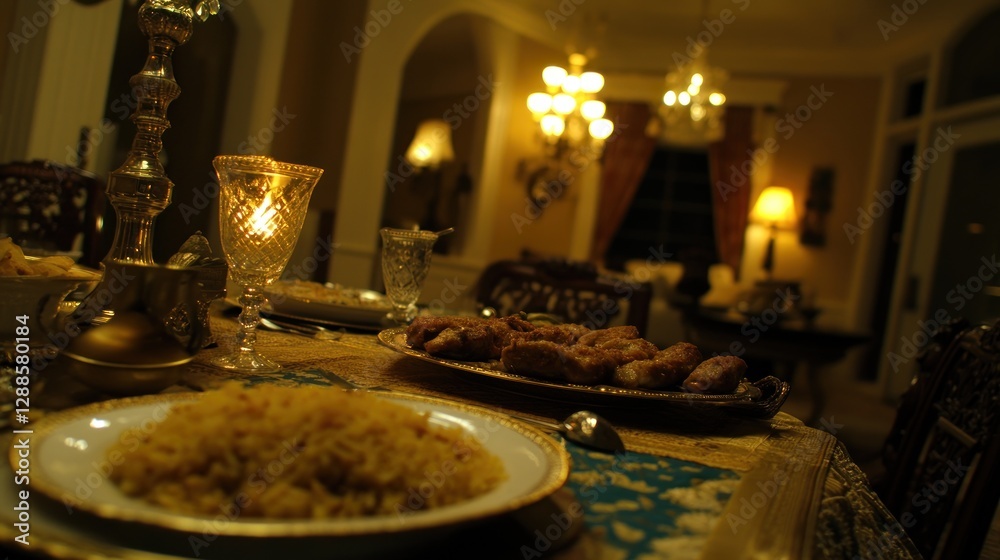 Fototapeta premium Elegant dinner party, mansion dining room, golden tableware, candlelight ambiance, food served