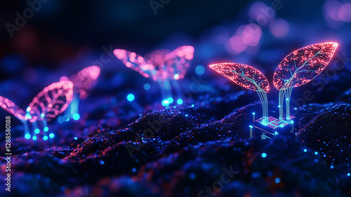 Surreal ecosystem where microscopic transistors grow like plants, glowing circuits forming roots and leaves, neon soil under blacklight, 8k sci-fi abstraction