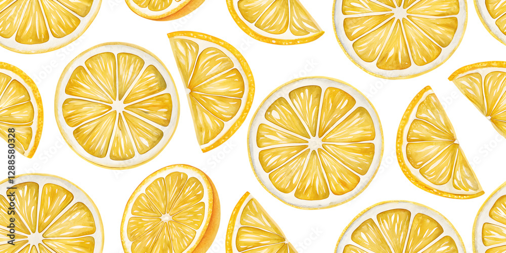 Obraz premium Zesty Citrus Slice Seamless Pattern : A vibrant, mouthwatering arrangement of freshly sliced lemons, presented in a captivating pattern, inviting viewers to savor the simple pleasures of life.