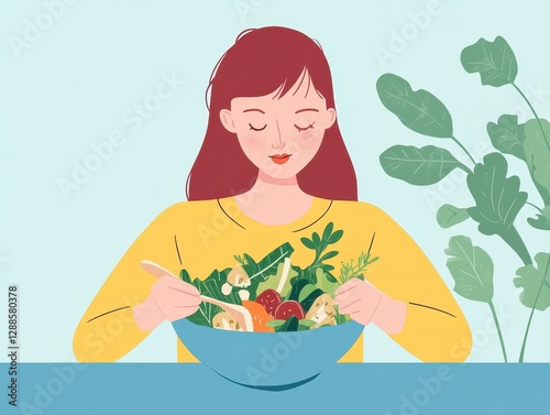 Woman Enjoying a Delicious and Healthy Salad Bowl, A Vibrant Illustration of Mindful Eating and a Balanced Lifestyle photo