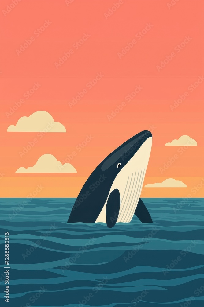 Fototapeta premium whale, ocean, vector, spouting water, sleek design. A serene scene a whale breaching the surface against a vibrant sunset.