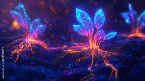 Surreal ecosystem where microscopic transistors grow like plants, glowing circuits forming roots and leaves, neon soil under blacklight, 8k sci-fi abstraction