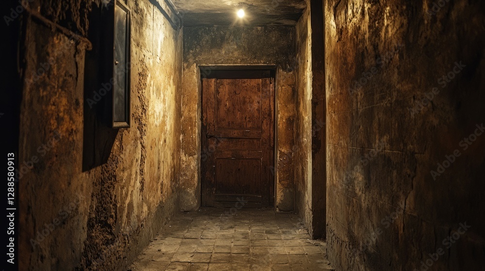 Dark and Mysterious Corridor with Weathered Walls and Wooden Door Dark and Mysterious Corridor with Weathered Walls and Wooden Door