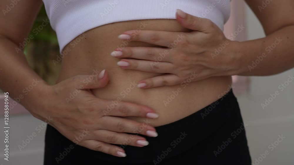 Close-up of a young woman gently massaging her belly in a circular motion clockwise to aid digestion with her hands. A relaxing self-care routine for gut health, well-being, and relaxation