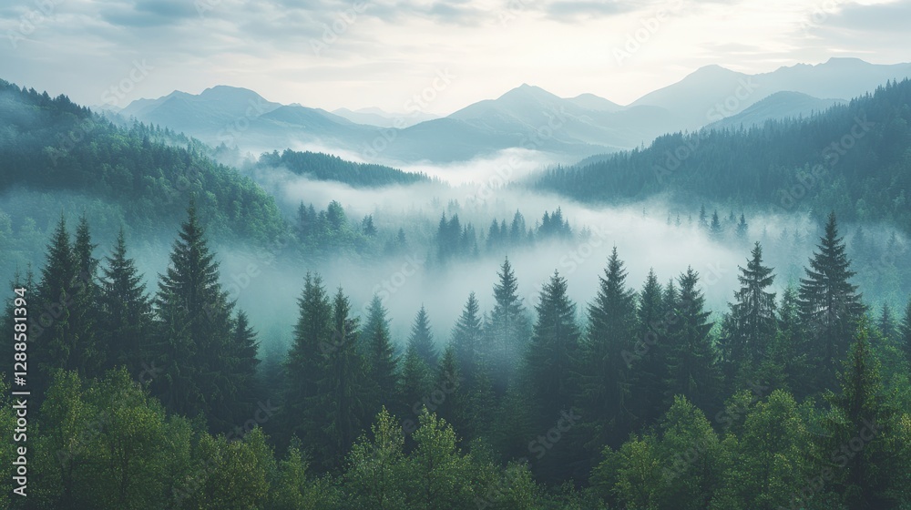 A misty forest with trees and mountains in the background A misty forest with trees and mountains in the background