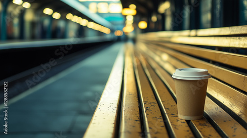 Waiting at the Station: A solitary paper cup of coffee rests on a wooden bench at a train station platform, capturing the quiet moment of anticipation and the glow of ambient light.