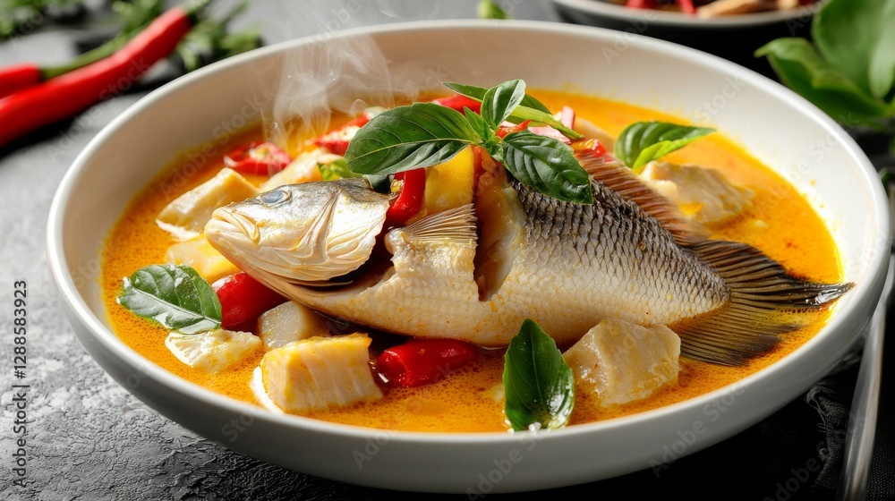 Bowl of sour curry with snakehead fish on a white plate, with steam rising, no background --chaos 20 --ar 16:9 --quality 2 --v 6.1 Job ID: 4fbf1669-fa9b-466b-8589-9c028a2875e9 Bowl of sour curry with snakehead fish on a white plate, with steam rising, no background --chaos 20 --ar 16:9 --quality 2 --v 6.1 Job ID: 4fbf1669-fa9b-466b-8589-9c028a2875e9