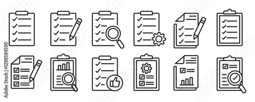 Evaluation icon set in line style, Containing business management data, inspection, statistic, inspecting, statement, report, test, checklist, review, quality, survey, analysis, document, vector