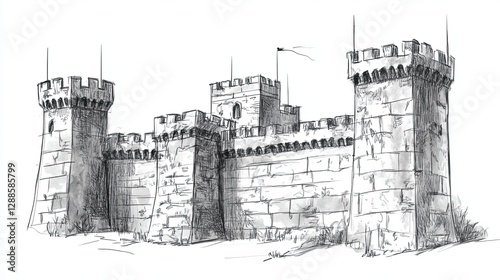 Medieval stone fortress sketch in black and white with detailed towers and battlements