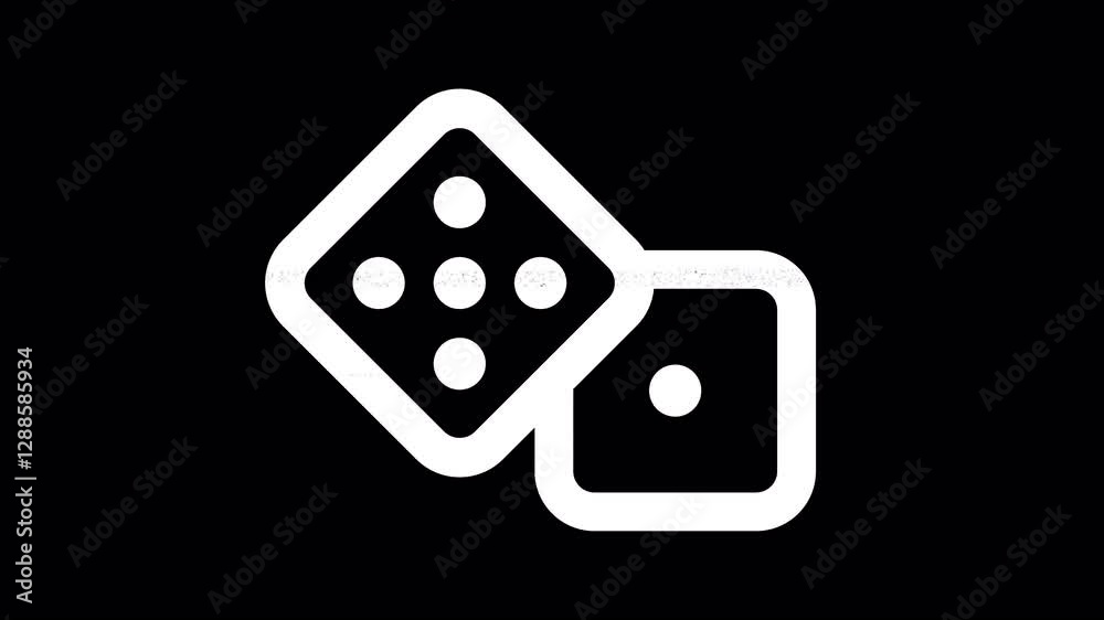 Icon dice is distorted. Glitch. Noise, chromatic aberration, geometric distortion. Transparent background, looped. In-Out looped. Alpha BW at the end
