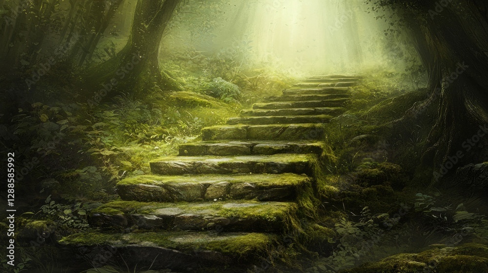 Obraz premium Serene Stone Steps in Enchanted Forest Bathed in Soft Light