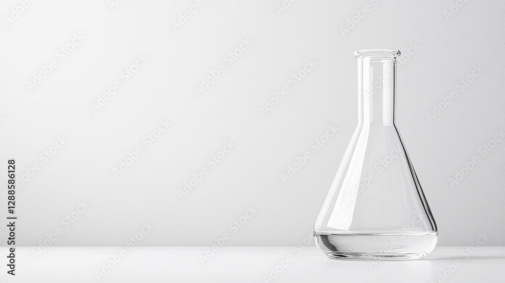Empty Erlenmeyer flask on lab table, white background. Science research Empty Erlenmeyer flask on lab table, white background. Science research