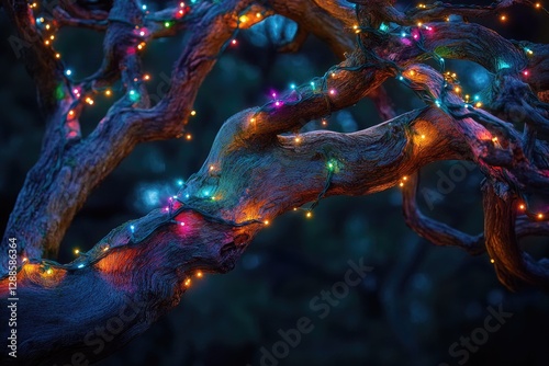 Twinkling lights adorn gnarled tree branches at night photo