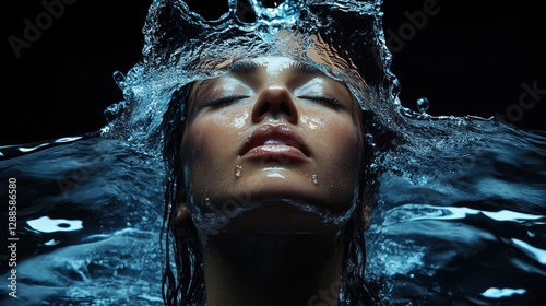 Woman's face, water splash, dark background, beauty, advertising