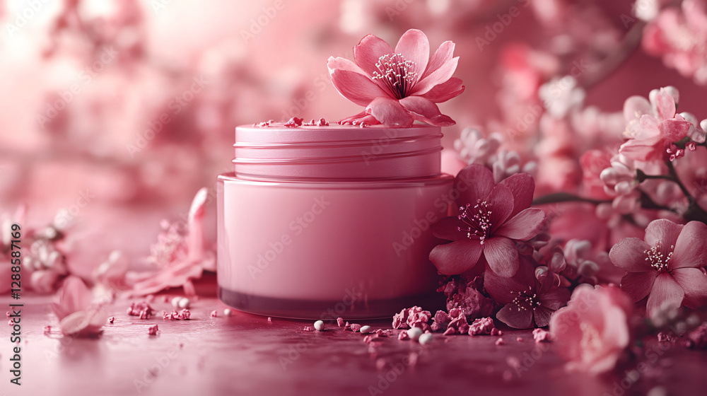 Jar of pink flowers on a table with beauty collagen supplement advertisement featuring floral elements Jar of pink flowers on a table with beauty collagen supplement advertisement featuring floral elements