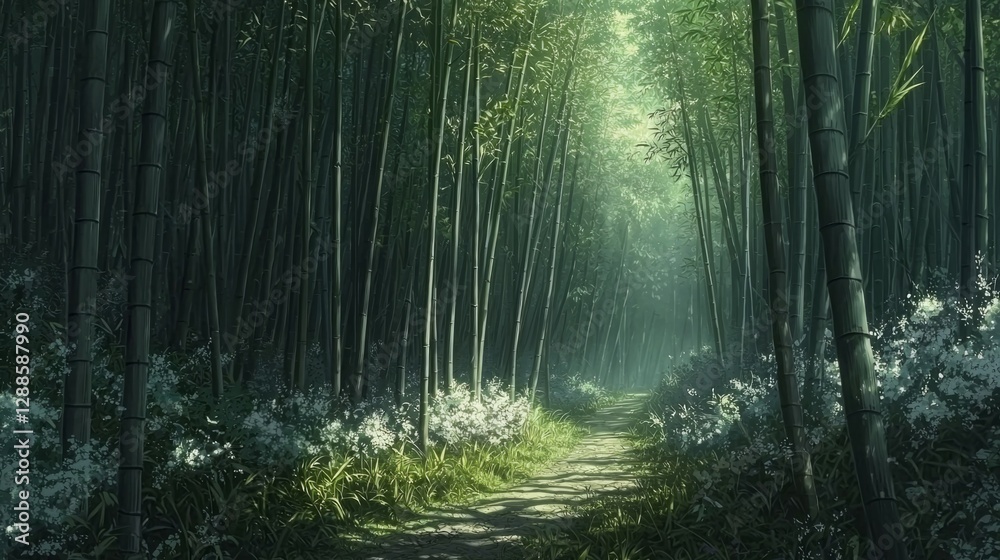 Naklejka premium Serene Bamboo Forest Pathway with Lush Vegetation and Light Rays