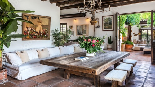 Rustic Mediterranean living room, flowers, patio view, home decor, real estate