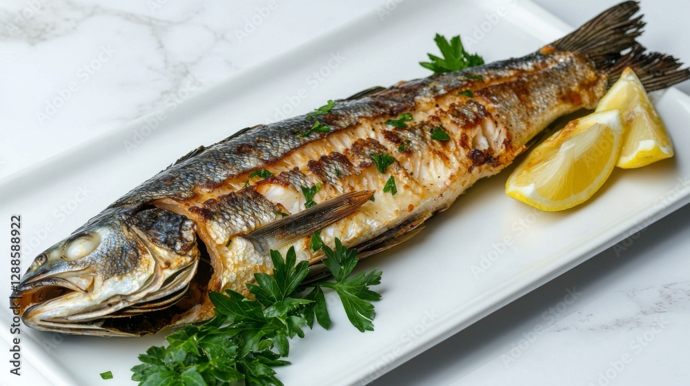 Steamed sea bass with lemon wedges and parsley, elegantly presented on a plain white surface --chaos 20 --ar 16:9 --quality 2 --v 6.1 Job ID: 7682c1d5-bae2-45fe-8c1a-8a439ca67e63 Steamed sea bass with lemon wedges and parsley, elegantly presented on a plain white surface --chaos 20 --ar 16:9 --quality 2 --v 6.1 Job ID: 7682c1d5-bae2-45fe-8c1a-8a439ca67e63
