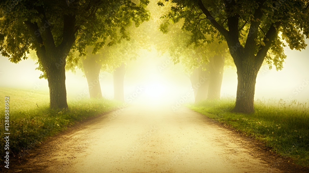 Naklejka premium Golden Path Through Foggy Trees