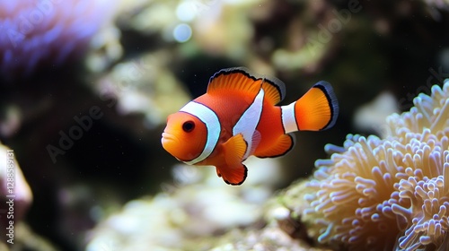 Orange clownfish swimming aquarium coral background ocean life