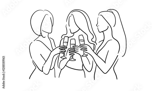 Friendly party girls continuous line art drawing isolated on white background. Hands toasting with wine glasses with drinks. Cheers toast festive decoration for holidays. Vector illustration
