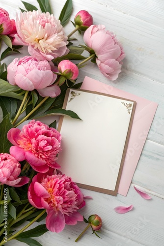 Card for inscription with spring day, mother's day, peony flowers, top view