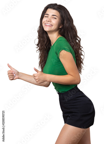 Close-up portrait of attractive surprised girl, showing thumbs up gesture. Success luck concept.