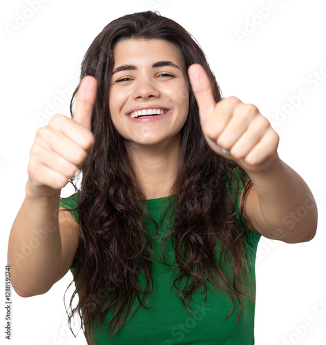 Close-up portrait of attractive surprised girl, showing thumbs up gesture. Success luck concept.